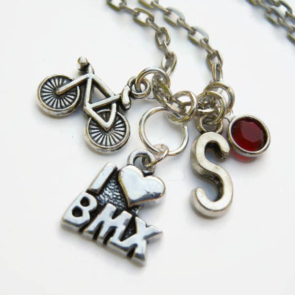 I Love BMX Necklace, Personalized Birthstone Jewelry, Racing Neckace, Bicycle Motocross Necklace, Sports Necklace, Choose Length