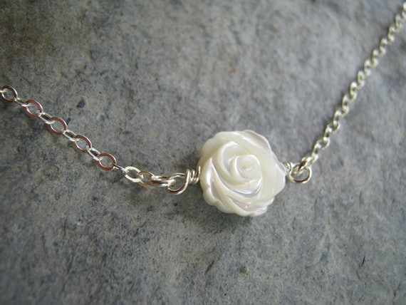 White Rose Necklace Sterling Silver Necklace Mother of Pearl