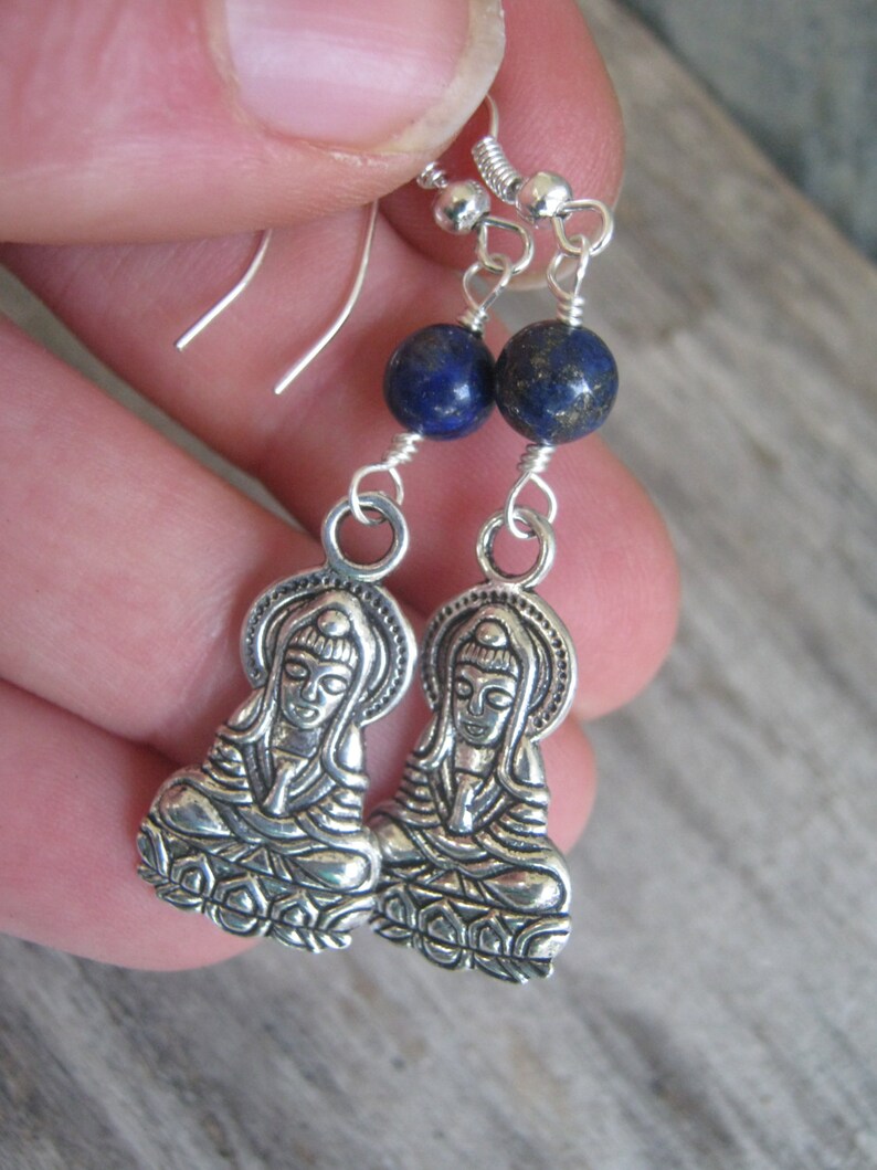 Lapis Lazuli Earrings Blue and Silver Boho Earrings DELAYED SHIP Sale Bodhisattva Earrings Dangle Ear Buddhist Jewelry Buddha Earrings