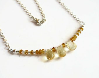 Faceted Citrine Gemstone Necklace, 18" Floataing Beaded Chain Necklace, Dainty Necklace, November Birthstone,Teardrop Crystals