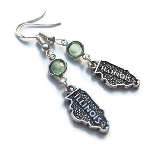 Pendientes de piedra de nacimiento de Illinois, Pendientes de goegrafía personalizada en ganchos hipoalergénicos para las orejas, Pendientes del estado de EE. UU., Regalo de Chicago, Joyas de mapa