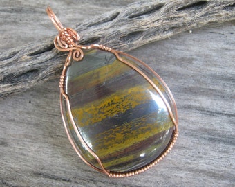 Tiger Iron Pendant, Wire Wrapped in Square Copper, Tiger Eye Red Jasper Hematite Gemstone, READY To SHIP