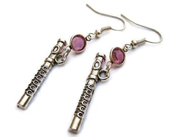Flute Birthstone Earrings, Personalized Music Earrings, Musician, Musical Instrument Jewelry, Band Mom, Woodwind, Hypoallergenic Ear Hooks