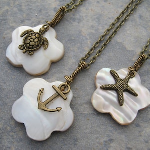 Beach Charm Necklace, Mother of Pearl Shell Necklace, Anchor Jewelry, Personalized Starfish Necklace, Choose Your Charm, Antiqued BRONZE