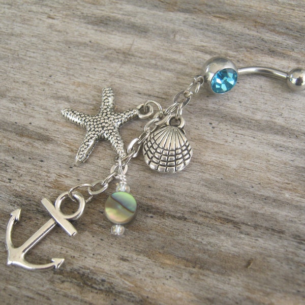 Abalone Anchor Belly Ring, Starfish Nautical Navel Ring, Birthstone Belly Button Ring, Ocean Shell Body Jewelry, Abalone Navel Ring