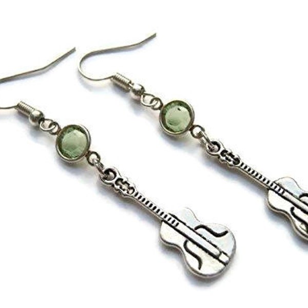 Acoustic Guitar Birthstone Earrings, Personalized Musical Instrument Charm Earrings on Hypoallergenic Ear hooks, Spanish Guitar, Music Gift