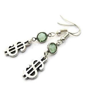Dollar Sign Birthstone Earrings, Personalized Banker Earrings on Hypoallergenic ear hooks, Accountant Jewelry Gift, Money Symbol Charm