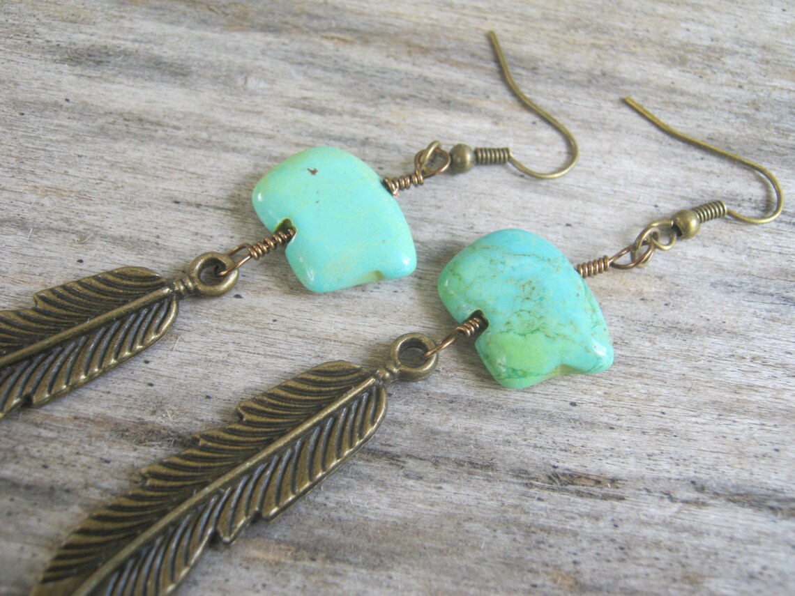 Feather Zuni Bear Earrings Turquoise Magnesite Earrings Etsy