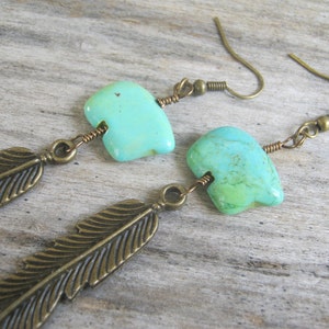 Feather Zuni Bear Earrings Turquoise Magnesite Earrings - Etsy