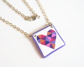 18 quot Puzzle Heart Quilt Block Necklace, .925 Sterling Silver Necklace, Limited Edition Polymer Clay Jewelry, Pink Red Quilting Guild Gift