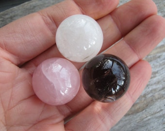 SET Of 3 Gemstone Spheres, Rose Quartz Sphere, Quartz Crystal Sphere, Smoky Quartz Sphere, 25mm Gemstone Sphere, Chakra Stones, Metaphysical