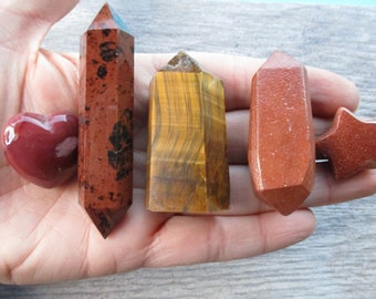 Root Sacral Chakra Gemstone Set, Double Terminated Mahogany Obsidian, Tiger Eye Tower, Sedona Sandstone, Mookaite Heart, Goldstone Star