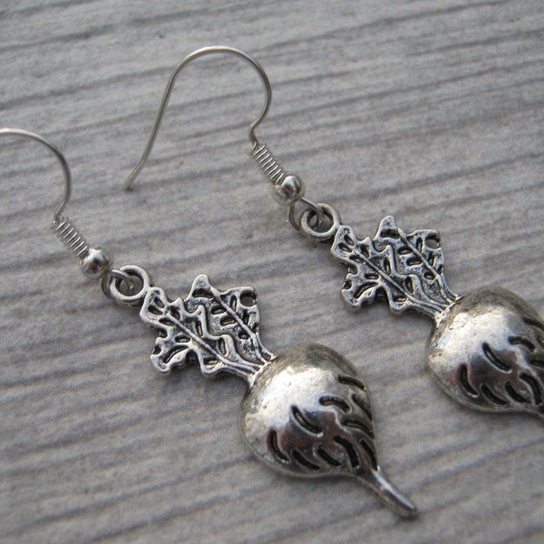 Beet Earrings, Antiqued Silver Vegetable Earrings on Hypoallergenic ear hooks, Personalized, Radish, Beetroot, Farm Jewelry, Veggies Charm