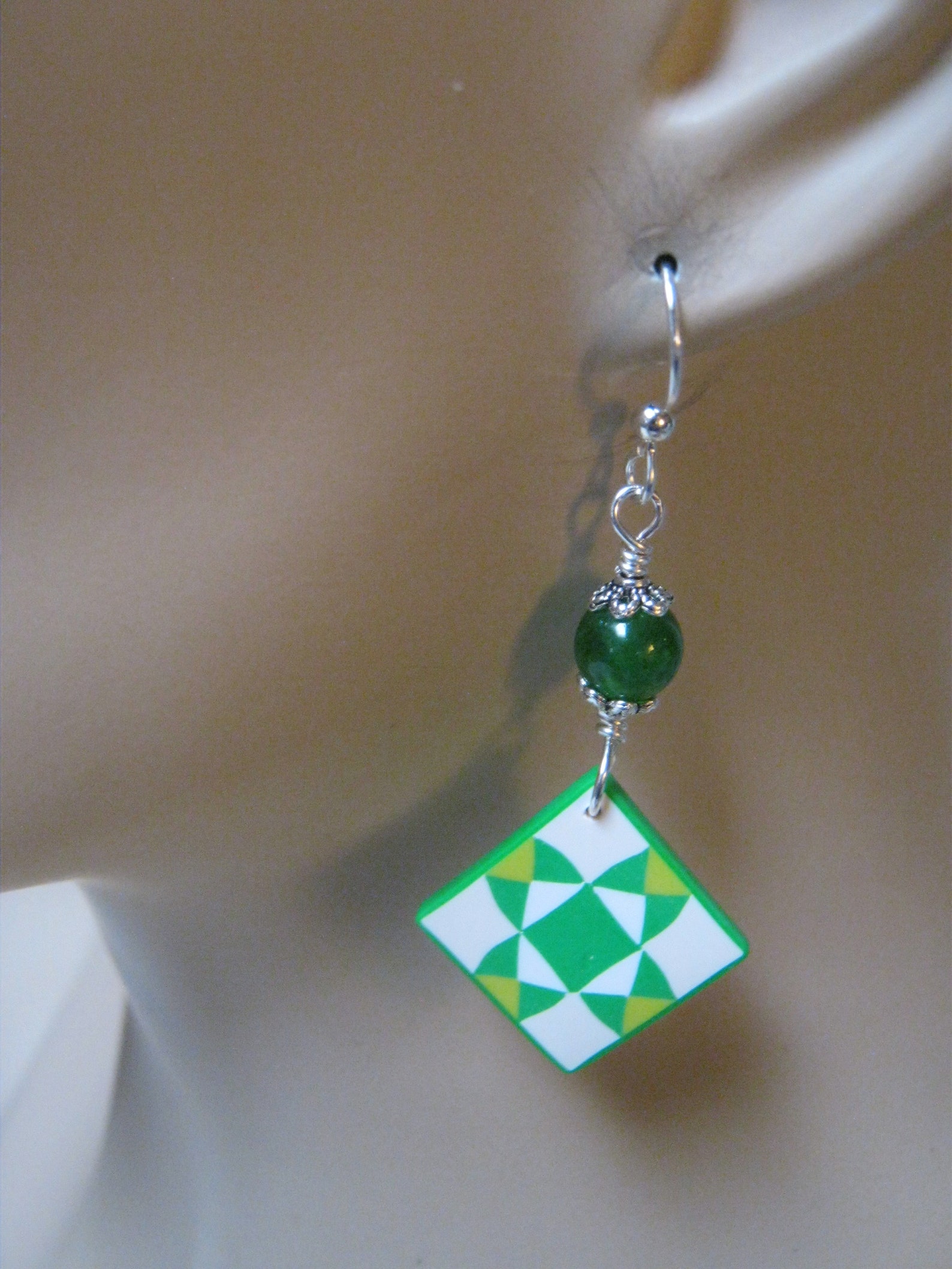 Green Quilt Block Earrings Sterling Silver Green Agate Etsy