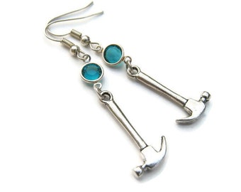 Hammer Birthstone Earrings, Construction Earrings, Personalized Tool Earrings, DIY, Laborer Gift, Builder Charm, On Hypoallergenic Ear Hooks