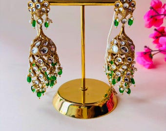 Gold Polki Kundan Jhumki Earrings: Moissanite Diamond & Pink Pearl, Indian Bridal Jewelry