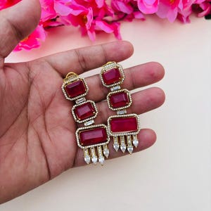 Ruby Red Rectangular Drop Earrings, Victorian Style Statement Dangle, Gold Plated Ethnic Wedding Jewelry Handcrafted Long Earrings for Women image 3
