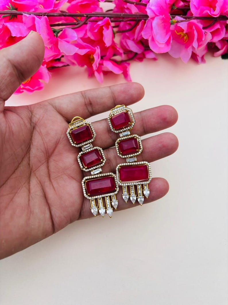 Ruby Red Rectangular Drop Earrings, Victorian Style Statement Dangle, Gold Plated Ethnic Wedding Jewelry Handcrafted Long Earrings for Women image 3