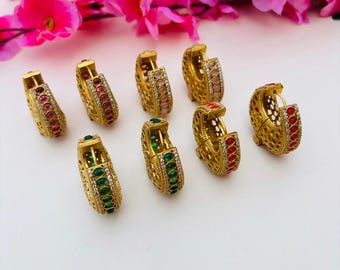 Indian Gold Plated Hoop Earrings, Traditional Meenakari Huggies, Ethnic Wedding Jewelry, Handcrafted Stone Bali for Women