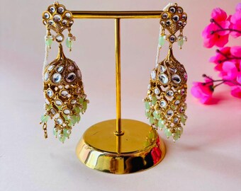 Gold Polki Kundan Jhumki Earrings: Moissanite Diamond & Pink Pearl, Indian Bridal Jewelry