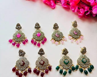 Multi-Color Kundan Dangle Earrings, Ethnic Indian Wedding Jewelry, Festive Statement Drop Earrings, Traditional Bridal Accessories for Women