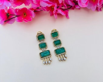 Green Rectangular Drop Earrings, Victorian Style Statement Dangle, Gold Plated Ethnic Wedding Jewelry Handcrafted Long Earrings for Women
