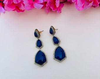Blue Stone Drop Earrings, Victorian Style Statement Dangle, Ethnic Indian Wedding Jewelry, Handcrafted Long Earrings for Women