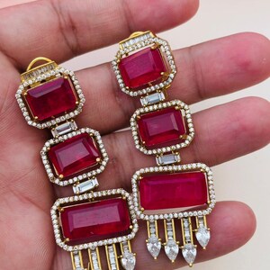 Ruby Red Rectangular Drop Earrings, Victorian Style Statement Dangle, Gold Plated Ethnic Wedding Jewelry Handcrafted Long Earrings for Women image 4