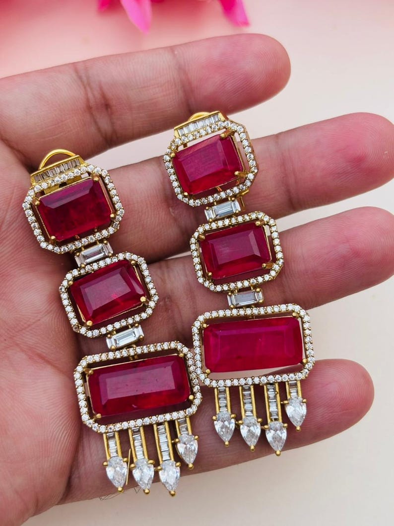 Ruby Red Rectangular Drop Earrings, Victorian Style Statement Dangle, Gold Plated Ethnic Wedding Jewelry Handcrafted Long Earrings for Women image 4
