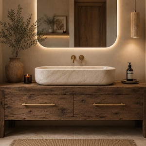 Puede incluir: Un lavabo rectangular de piedra con vetas de color beige claro se asienta sobre un mueble de madera oscura rústica con dos cajones y tiradores horizontales de latón, bajo un gran espejo de pared rectangular con esquinas redondeadas.