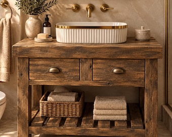 May include: A rustic wooden bathroom vanity featuring two drawers with brass pulls and an open bottom shelf. The vanity is topped with a white, ribbed, oval vessel sink with a gold rim, paired with a matching brass wall-mounted faucet.