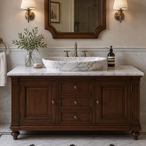 Può includere: Un mobile da bagno in legno scuro con piano in marmo bianco e lavabo ovale in marmo. Il mobile presenta due armadietti laterali e tre cassetti centrali con pomelli in ottone. Sono presenti un rubinetto in ottone, un dispenser e una pianta.