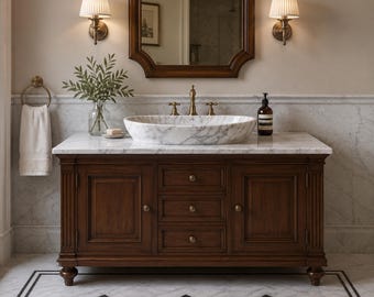 Mobile bagno in legno massello fatto a mano con lavabo in marmo, mobile bagno con lavabo singolo, mobile bagno tradizionale, mobile bagno in legno su misura
