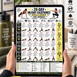 May include: A digital tablet displaying a 28-day military calisthenics challenge workout plan. The screen features a structured grid of daily exercises, illustrations of movements, and instructional text including '28-DAY MILITARY CALISTHENICS CHALLENGE FOR WOMEN' and 'TRAIN ANYWHERE'.