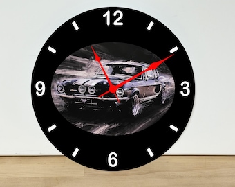 Rustic Mustang Wall Clock – Automobile Wall Art Home Decor - Acrylic Print - 11.5" Diameter - Custom Made in the United States