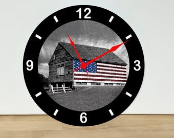 Old Barn with American Flag Wall Clock – Farm Wall Art Home Decor - Acrylic Print - 11.5" Diameter - Custom Made in the United States