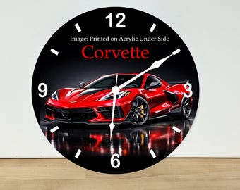 Custom Corvette Wall Clock – Automobile Wall Art Home Decor - Acrylic Print - 11.5" Diameter - Custom Made in the United States