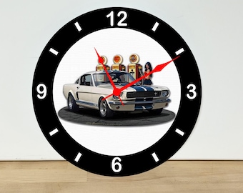 Vintage White Mustang Wall Clock – Automobile Wall Art Home Decor - Acrylic Print - 11.5" Diameter - Custom Made in the United States