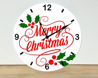 Merry Christmas Wall Clock – Christmas Wall Art Home Decor - Acrylic Print - 11.5" Diameter - Custom Made in the United States