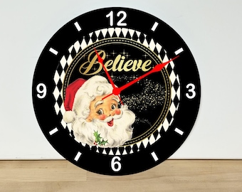 Santa Claus Believe Wall Clock – Christmas Wall Art Home Decor - Acrylic Print - 11.5" Diameter - Custom Made in the United States