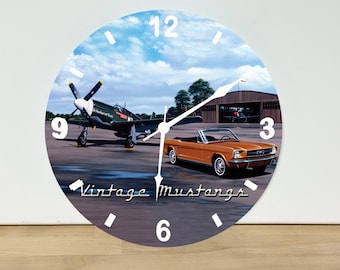 Vintage Mustang Plane - Car Wall Clock – Automobile Wall Art Home Decor - Acrylic Print - 11.5" Diameter - Custom Made in the United States
