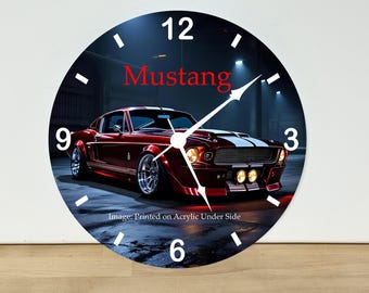 Ford Mustang Wall Clock – Automobile Wall Art Home Decor - Acrylic Print - 11.5" Diameter - Custom Made in the United States