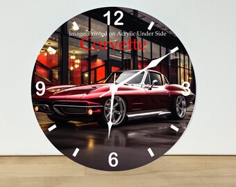 63 Corvette Wall Clock – Automobile Wall Art Home Decor - Acrylic Print - 11.5" Diameter - Custom Made in the United States