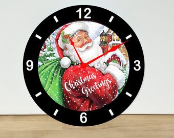Santa Claus Christmas Greetings Wall Clock – Wall Art Home Decor - Acrylic Print - 11.5" Diameter - Custom Made in the United States