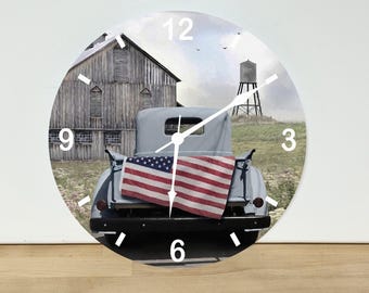 Old Truck with American Flag Wall Clock – Automobile Wall Art Home Decor - Acrylic Print - 11.5" Diameter - Custom Made in the United States