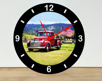 Old Truck with American Flag Wall Clock – Automobile Wall Art Home Decor - Acrylic Print - 11.5" Diameter - Custom Made in the United States