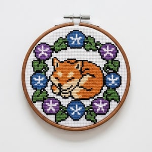 Sleeping Shiba Inu and Morning Glory Cross Stitch Pattern PDF, Japanese Summer Dog Embroidery, Cute Pixel Art, Instant Download