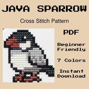May include: A cross stitch pattern featuring a Java Sparrow bird with black, white, and red colors. The text reads: JAVA SPARROW, Cross Stitch Pattern, PDF, Beginner Friendly, 7 Colors, Instant Download. The design is on a white grid fabric.