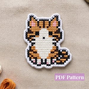 Kreuzstichmuster für eine orangefarbene getigerte Katze (PDF), niedliches Kätzchen-Stickmotiv, Kawaii-Pixelkunst, gemütliches DIY-Bastelprojekt, anfängerfreundlich