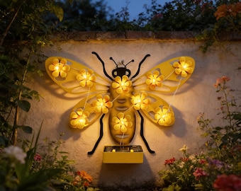 Gelbe Metallbienen-Solarwandleuchte, dekorative LED-Gartenleuchte im Freien, Terrasse-Zaunakzent, Hinterhof-Wanddekor, gemütliche Umgebungsbeleuchtung